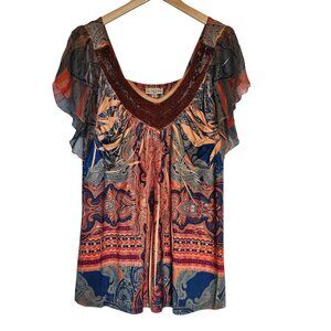 Live And Let Live Boho Top Size 2X Beaded Sheer Flutter Sleeves Scoop Neck Fairy